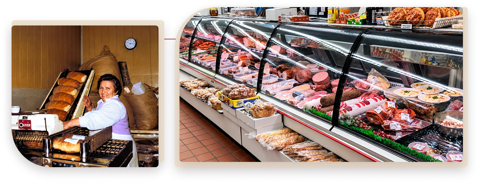 A person smiles while slicing bread by stacked loaves; next to a deli counter displaying various meats, cheeses, and baked goods.